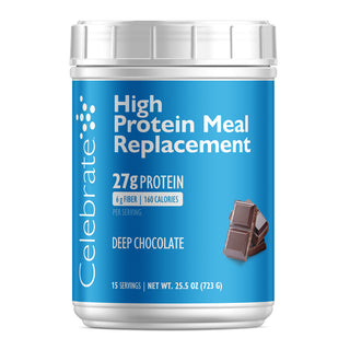 Celebrate High Protein Meal Replacement powder, Deep Chocolate flavor, in a 15-serving tub.