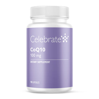 Supplement bottle labeled 'Celebrate CoQ10 100 mg' on a white background