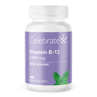 Photograph of Celebrate's bariatric b12 quick melt tablets in mint flavor in a 90 count bottle