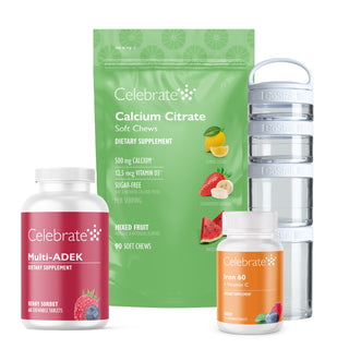 ds duodenal switch kit with ADEK Berry Sorbet chewables, calcium Mixed Fruit Soft chews, and Berry chewable iron tablets
