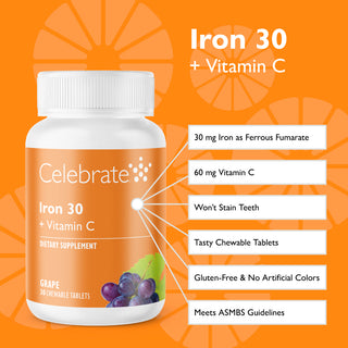 Features and Benefits for Celebrate Vitamins Iron 30 + Vitamin C Grape Chewable Tablets