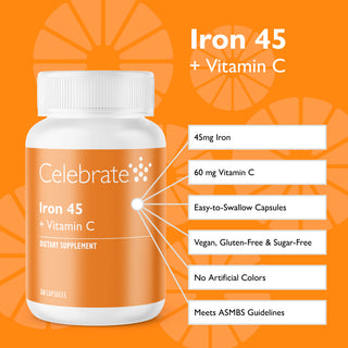 The features and benefits of Celebrate Vitamins Iron 45 + Vitamin C Capsules