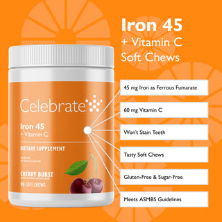  Celebrate Vitamins 45 mg Iron + Vitamin C Soft Chews Features Graphic, Cherry Burst 90 count Bottle