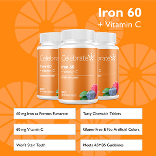 Features and Benefits of Celebrate Iron 60 mg plus vitamin c iron tablets in berry flavor, 90 count