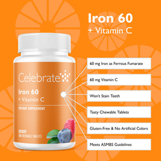 Celebrate Iron 60 mg with vitamin C chewable tablets, berry, 30 count, features and benefits