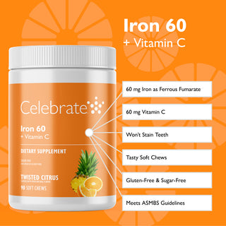 60 mg Iron with vitamin C soft chews, twisted citrus, 90 count - Celebrate Vitamins
