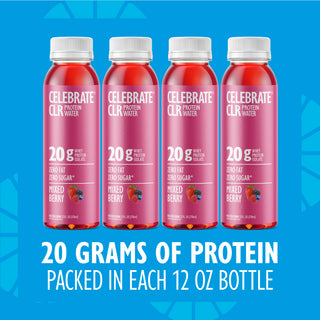 Four bottles of Celebrate CLR Protein Water on a blue background with text highlighting protein content.
