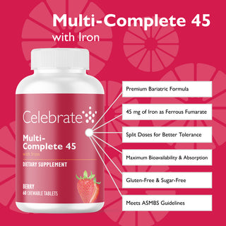 Product features of Multi-Complete 45 chewable bariatric multivitamin with iron, berry