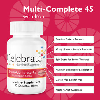 Celebrate Watermelon Multi-Complete 45 bariatric multivitamins with iron, 45 mg chewable tablets, 60 count - bottle with features