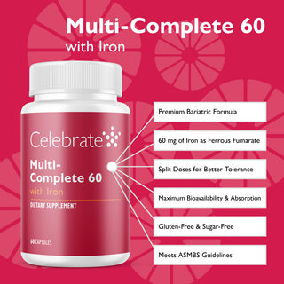 Features of Multi-Complete 60 bariatric multivitamins with iron, 60mg, capsules