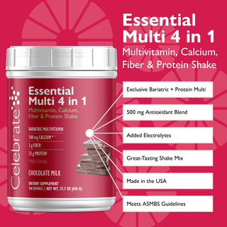 The benefits of Celebrate's Essential Multi 4 in 1 shake mix, a post bariatric surgery vitamin supplement, in a 14 serving tub - chocolate milk flavor