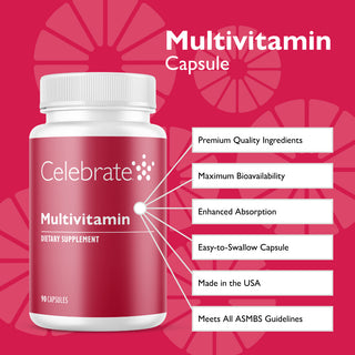 Picture of Multivitamin capsule bottle highlighting key information.
Premium Quality ingredients, Maximum Bioavailability, enhanced absorbtion, Easy to swallow capsule, made in the USA, Meets all ASMBS Guidelines.