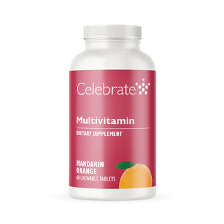 Celebrate Vitamins Iron Free Bariatric Multivitamin Chewable, Mandarin Orange, 60 count - Bottle on white seamless background