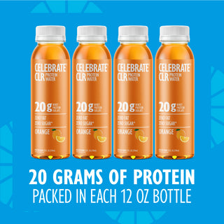 Four bottles of Celebrate CLR Protein Water on a blue background with text highlighting protein content.