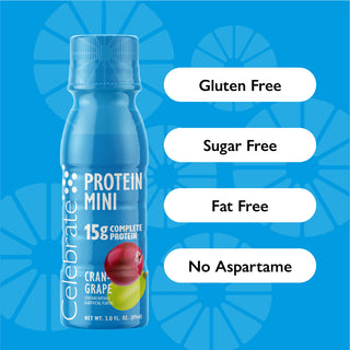 Product Callouts of Celebrate Protein Mini - Cran-Grape Flavor