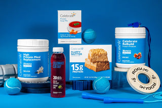 Supplement products and gym equipment on a blue background