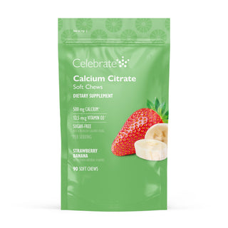 Photograph of Celebrate's calcium citrate soft chews in strawberry banana flavor in a 90 count bag