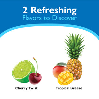 Images showing two flavors of clear protein powder, Cherry Twist and Tropical Breeze