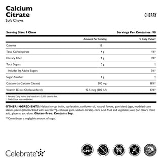 Celebrate Vitamins Calcium Citrate Soft Chew, Cherry, supplement facts