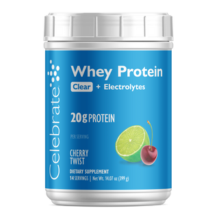 Celebrate Whey Protein Cherry Twist container with blue label on a white background