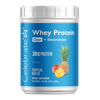 Celebrate Whey Protein container with blue label and pineapple illustration on a white background