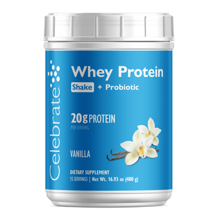 A tub of Celebrate Whey Protein Shake + Probiotic in vanilla flavor, featuring a bright blue label with white text and vanilla orchid illustrations, on a white background.