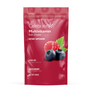A red stand-up pouch of Celebrate Multivitamin Soft Chews dietary supplement, featuring illustrations of raspberries, blueberries, and mint leaves on a white background.