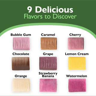 Assorted candy bars with flavors listed on a green and white background