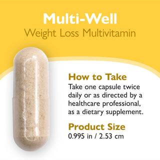 Multivitamin capsule with instructions on a yellow and white background