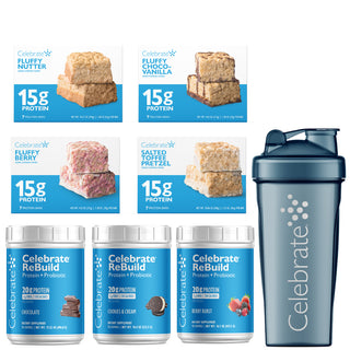 Pre op starter kit image showing Protein Bars, Shakes, and blender bottle