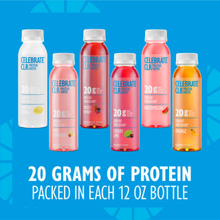 Collection of Celebrate CLR protein water bottles on a blue background with text highlighting protein content.