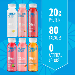 Celebrate CLR protein water bottles with nutritional information on a blue background