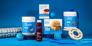 Supplement products and gym equipment on a blue background
