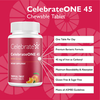 Product features of Celebrate One 45 chewable bariatric multivitamin with iron, tropical twist, 30 count