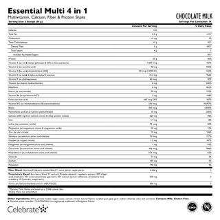 Supplement facts for Celebrate's Essential Multi 4 in 1 shake mix, a post bariatric surgery vitamin supplement, in a 14 serving tub - chocolate milk flavor