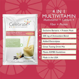 The benefits of Celebrate's Essential Multi 4 in 1 shake mix, a post bariatric surgery vitamin supplement, in a Single Serve - Vanilla Cake Batter flavor