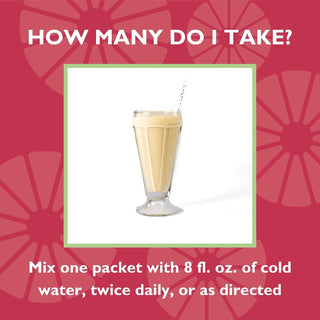 Dosing directions for Celebrate's Essential Multi 4 in 1 shake mix, a post bariatric surgery vitamin supplement, in a single serve - Vanilla Cake Batter flavor