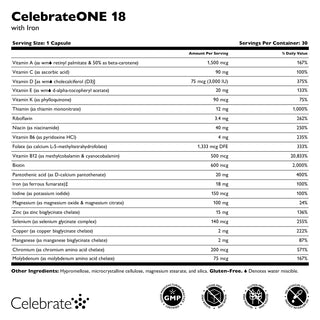 Celebrate Vitamins CelebrateONE 18 Once Daily Bariatric Multivitamin with Iron Capsules, 18mg Iron, supplement facts