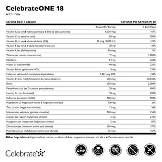 Celebrate Vitamins CelebrateONE 18 Once Daily Bariatric Multivitamin with Iron Capsules, 18mg Iron, supplement facts