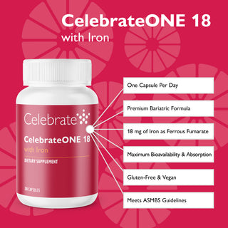 Features of CelebrateONE 18 Once Daily Bariatric Multivitamin with Iron Capsules, 18mg Iron, 30 count