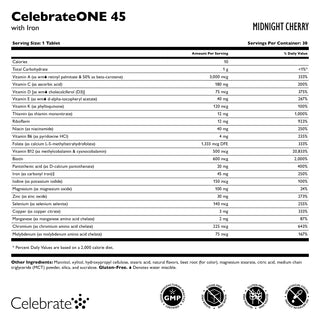 Celebrate Vitamins CelebrateOne 45 chewable bariatric multivitamin with iron, midnight cherry, supplement facts