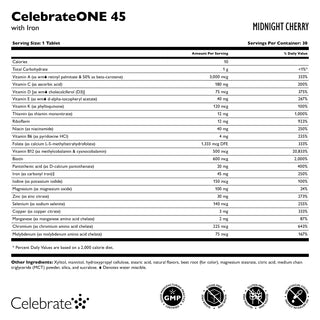 Celebrate Vitamins CelebrateOne 45 chewable bariatric multivitamin with iron, midnight cherry, supplement facts