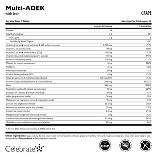 Celebrate Vitamins Multi ADEK vitamins with iron, chewable Grape tablets, supplement facts