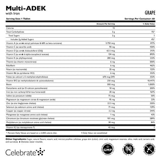 Nutritional label for Multi-ADEK with Iron supplement by Celebrate on a white background
