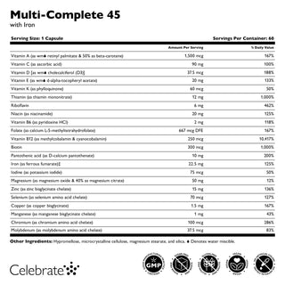 Celebrate Vitamins Multi-Complete 45 bariatric multivitamin with iron capsules supplement facts