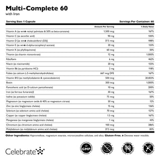 Celebrate Vitamins Multi-Complete 60, capsule bariatric multivitamin with iron, supplement facts