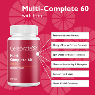 Features of Multi-Complete 60 bariatric multivitamins with iron, 60mg, capsules