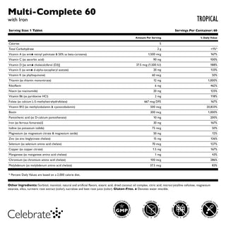 Supplement facts label and dietary of Multi-Complete 60 bariatric multivitamin with iron, tropical