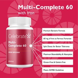 Features of Multi-Complete 60 bariatric multivitamins with iron, 60mg, capsules