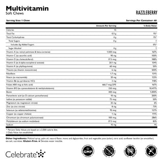 Celebrate Vitamins bariatric multivitamin soft chew, Razzleberry, supplement facts